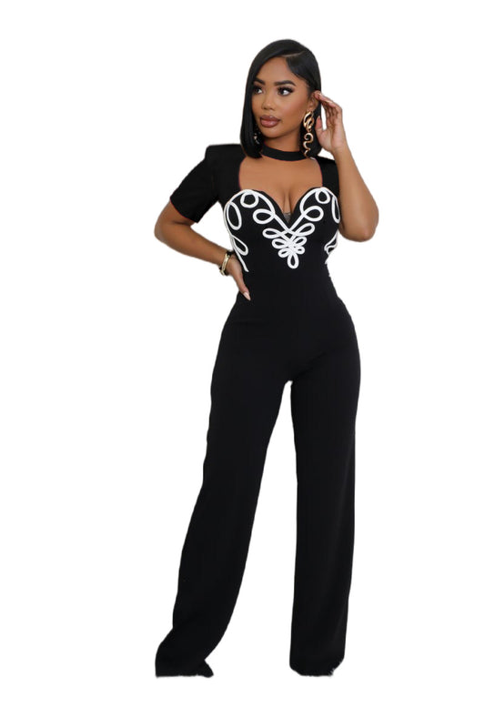 Line splicing short sleeved jumpsuit