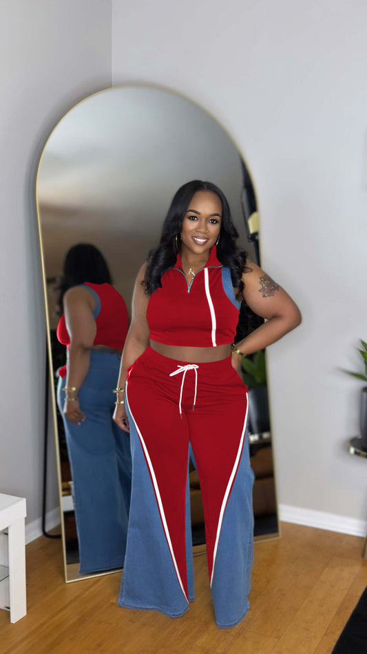 Cowboy Patchwork Sleeveless Pants Set