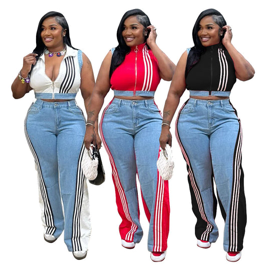 Loose Woven Denim Pants Set
