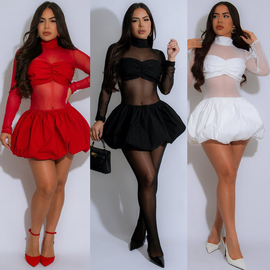 Bubble skirt long sleeved mesh dress