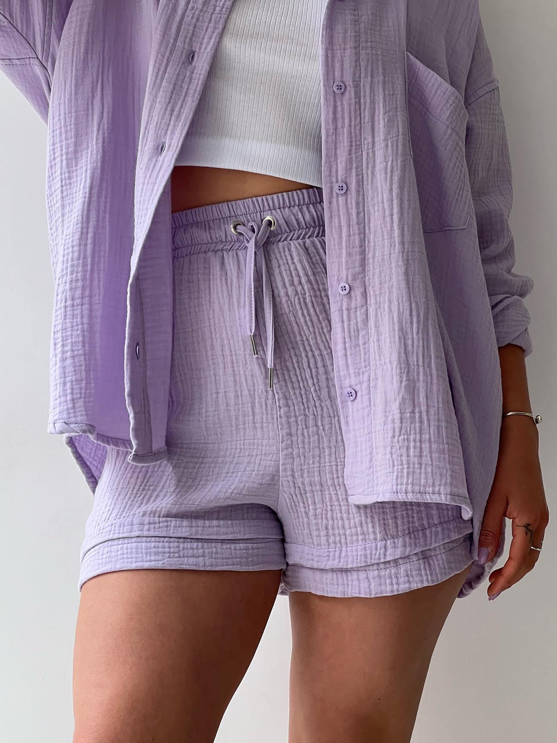 Texture Button Up Shirt and Drawstring Shorts Set - MONLANE
