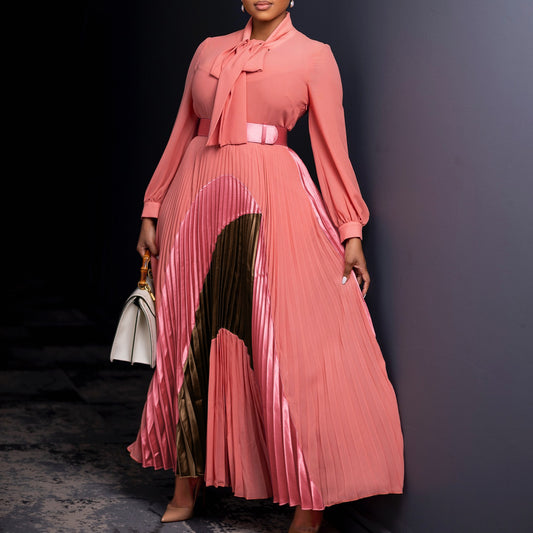 Lace Up Pleated Long Sleeved Dress