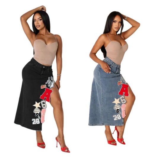 Embroidered Elastic Letter Denim Skirt