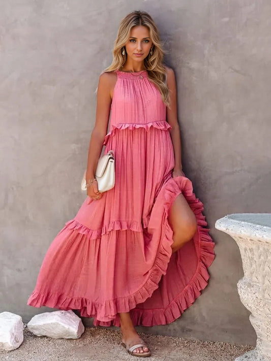 Ruffled Sleeveless Tiered Maxi Dress with Pockets - MONLANE