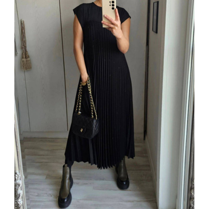 Round neck pleated long dress