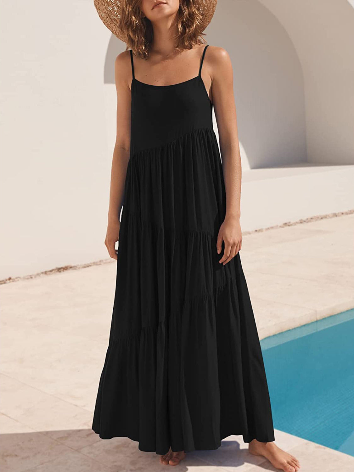 Full Size Ruched Tiered Spaghetti Strap Dress - MONLANE