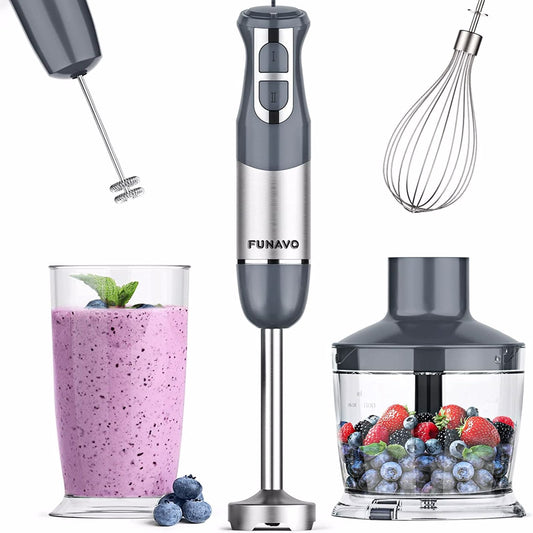 FUNAVO Immersion Hand Blender, 5-in-1 Multi-Function 12 Speed 800W Stainless Steel Handheld Stick Blender with Turbo Mode, 600ml Beaker, 500ml Chopping Bowl, Whisk, Frother Attachments, BPA-Free - MONLANE
