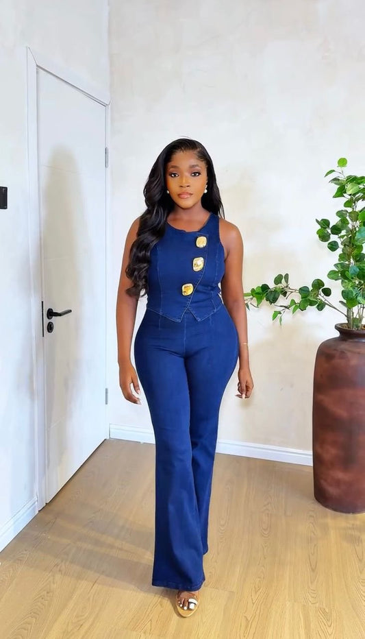 Sleeveless vest high waist denim suit