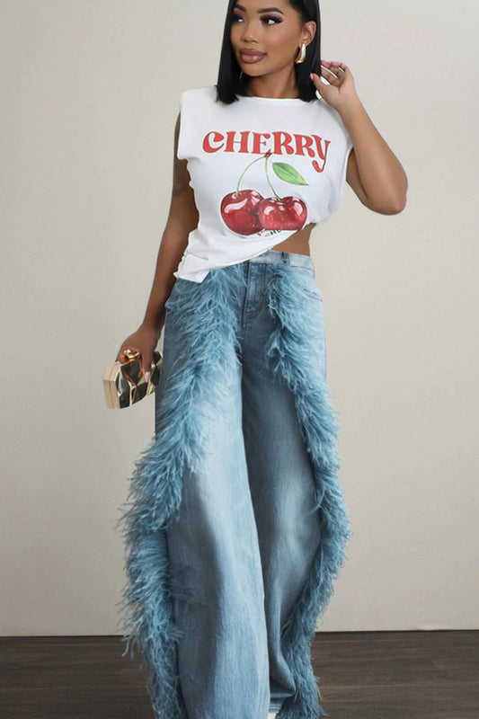 Splicing fuzzy edge straight leg denim pants