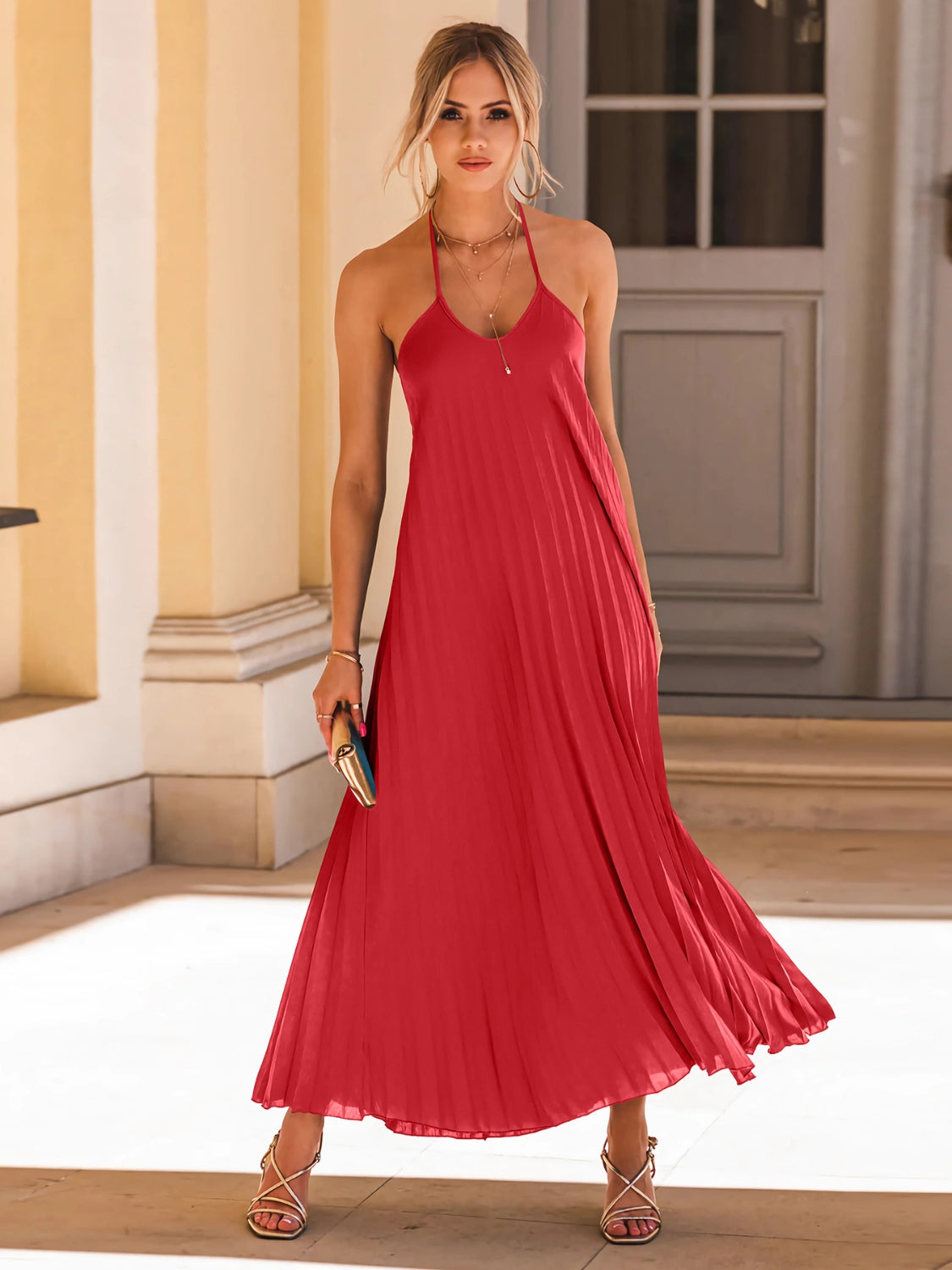 Pleated Halter Neck Sleeveless Dress - MONLANE