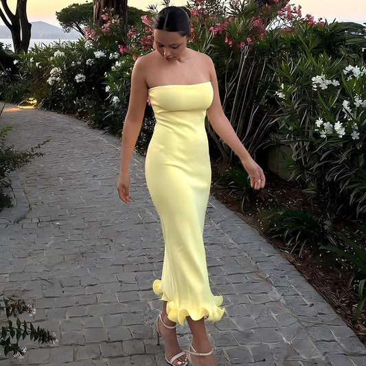 Strapless long wavy skirt hem dress