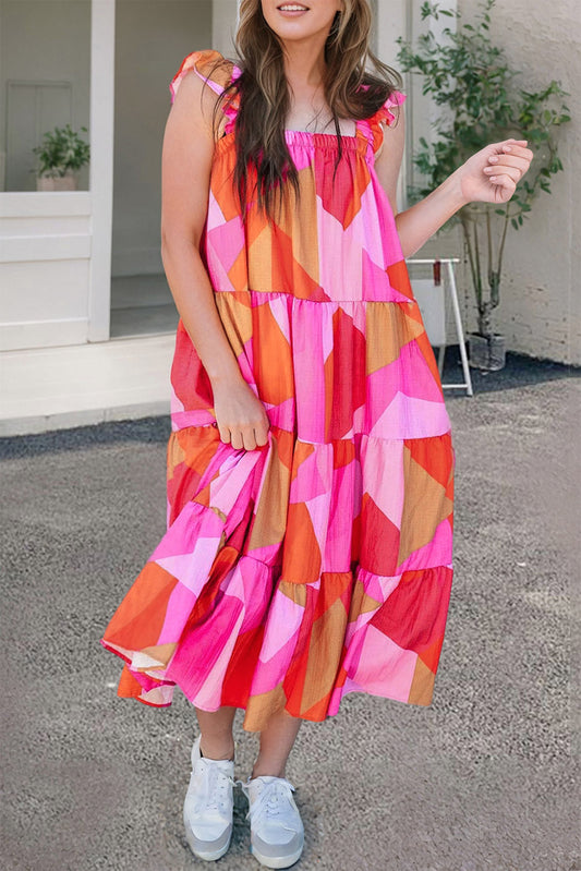 Ruffled Printed Sleeveless Midi Dress - MONLANE