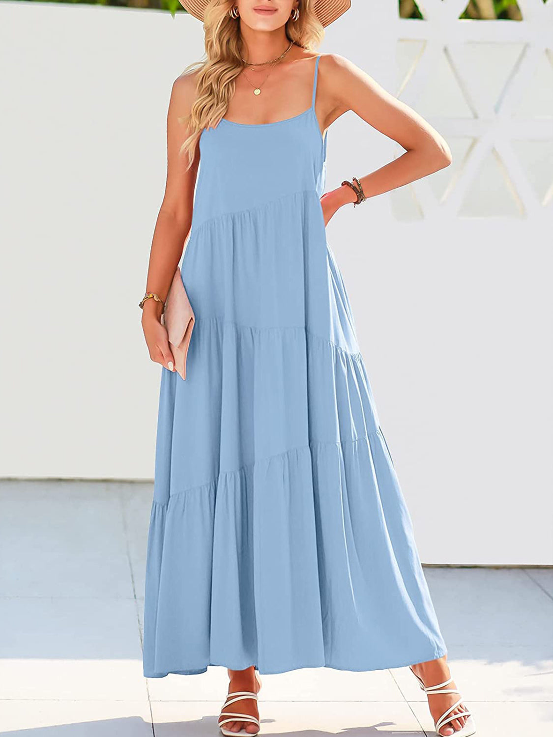 Full Size Ruched Tiered Spaghetti Strap Dress - MONLANE
