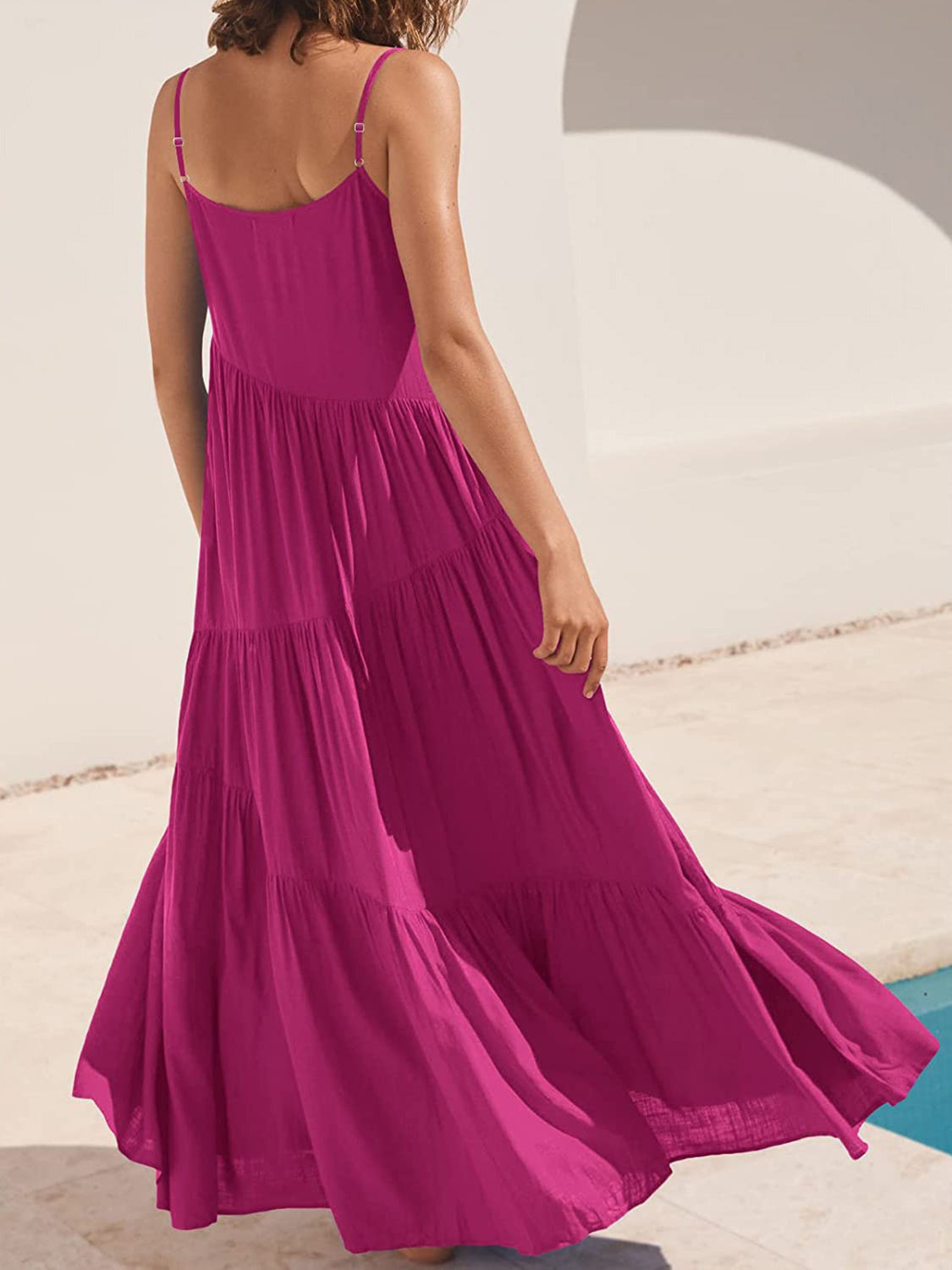 Full Size Ruched Tiered Spaghetti Strap Dress - MONLANE