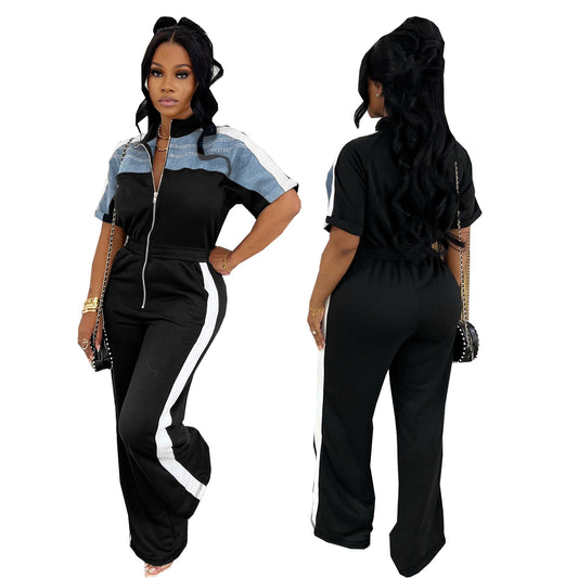 Cowboy Patchwork stand Zipper Jumpsuit