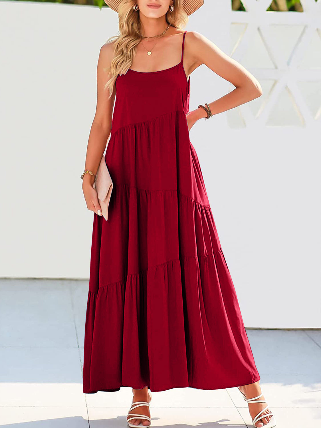 Full Size Ruched Tiered Spaghetti Strap Dress - MONLANE