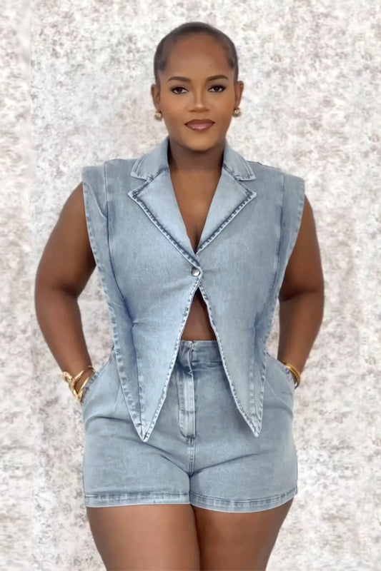 Washed Loose Short Denim Jumpsuit