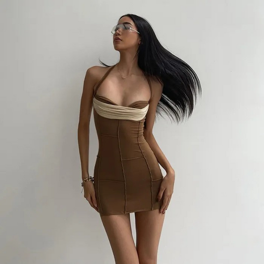 Contrasting Slim Fit Mini Halter Dress