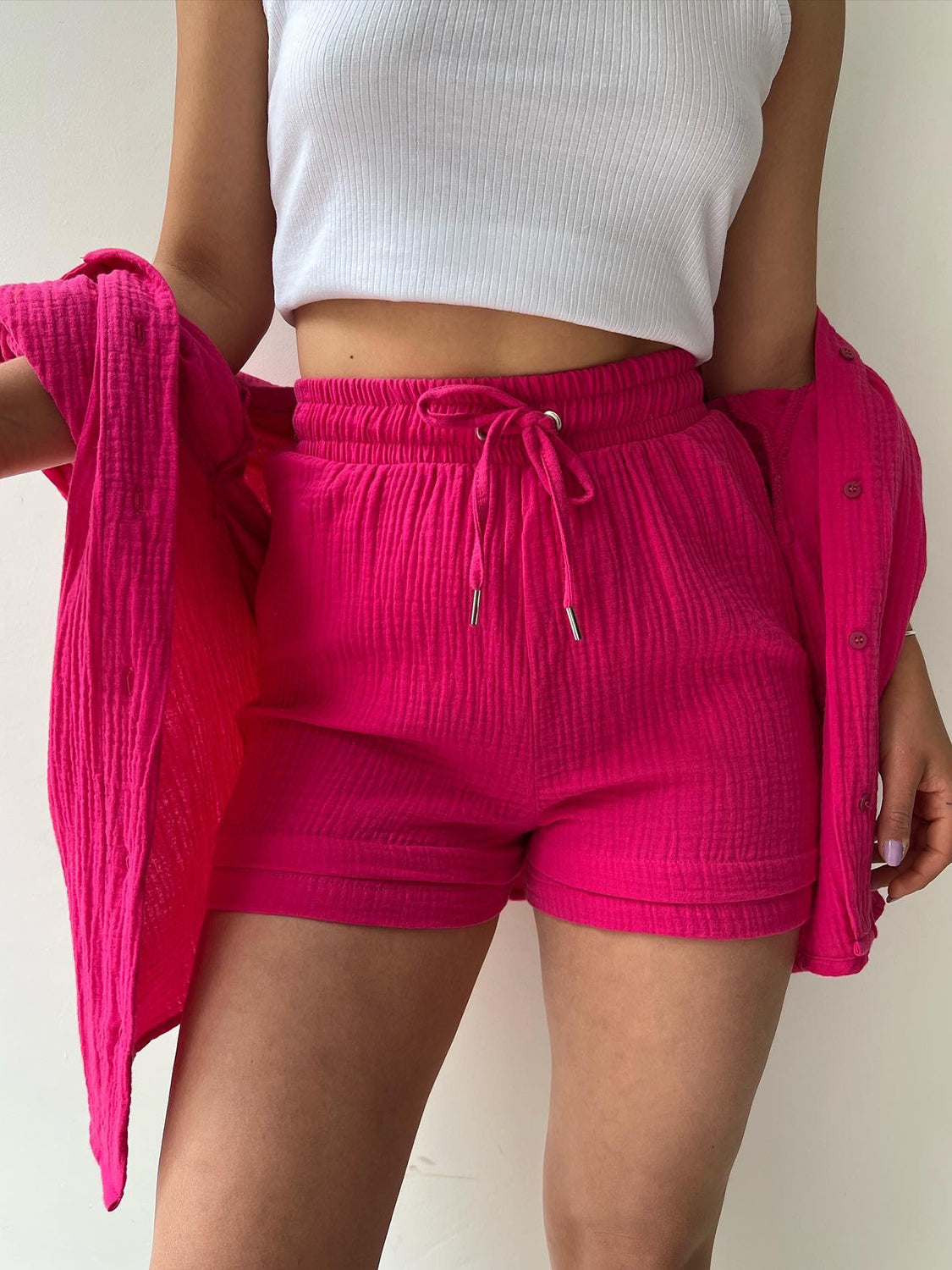 Texture Button Up Shirt and Drawstring Shorts Set - MONLANE