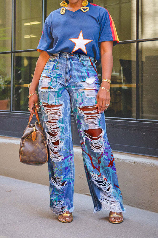 Graffiti printed ripped straight leg jeans