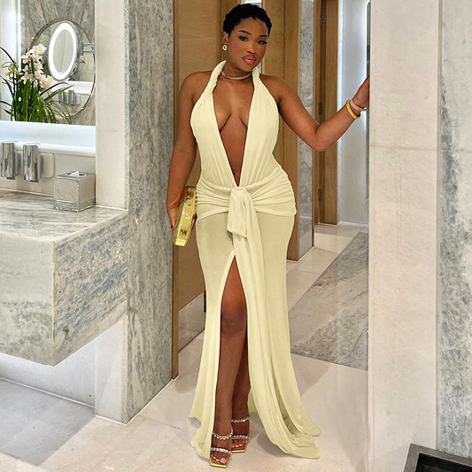 V-neck Solid Color Slit Dress