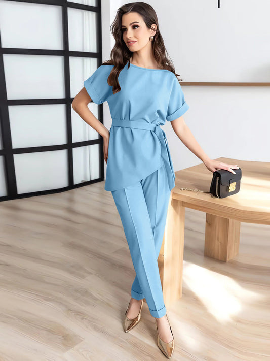 Round Neck Short Sleeve Top and Pants Set - MONLANE