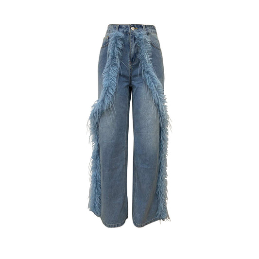 Splicing fuzzy edge straight leg denim pants
