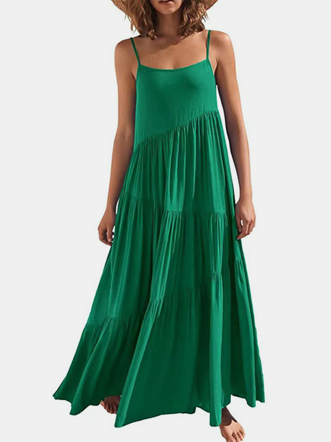 Full Size Ruched Tiered Spaghetti Strap Dress - MONLANE