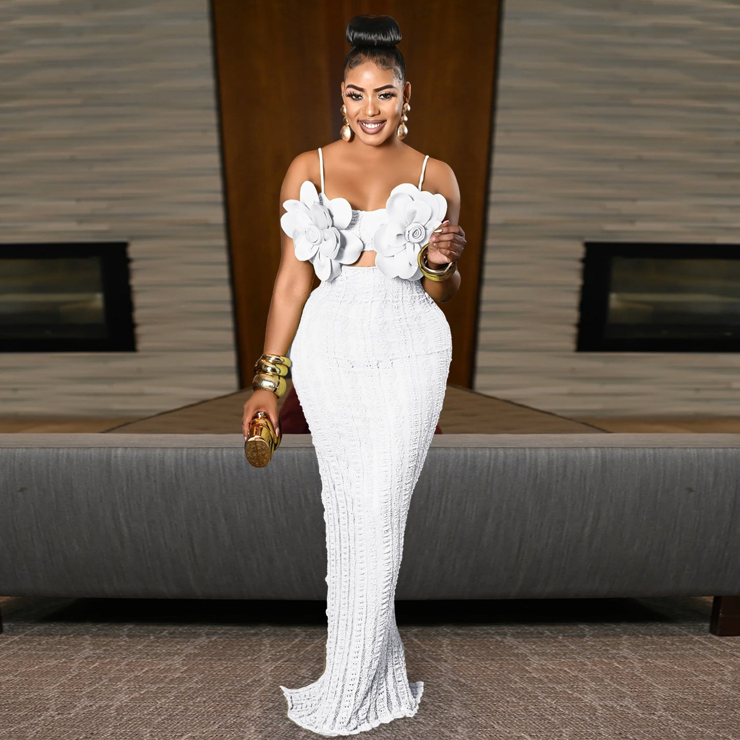 Lace chest flower backless suspender dress