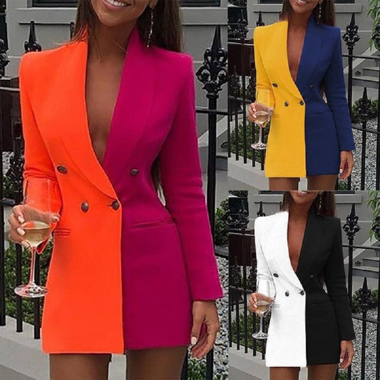 Color Blocking Patchwork V-neck Cardigan Suit
