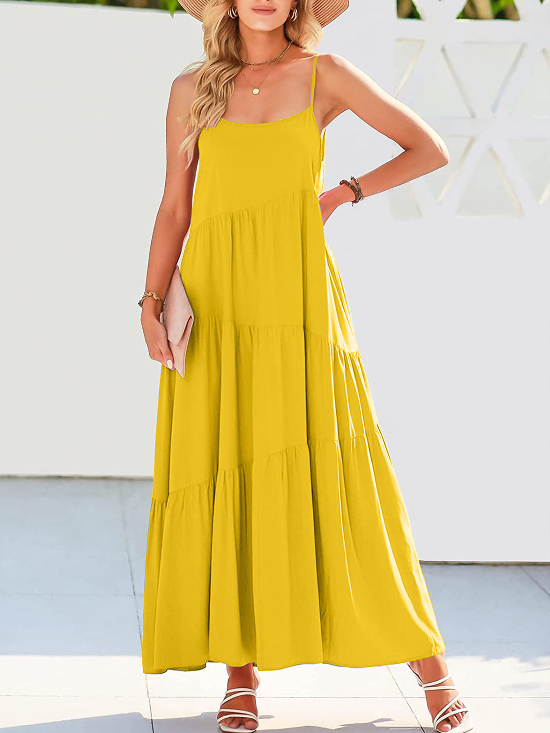 Full Size Ruched Tiered Spaghetti Strap Dress - MONLANE