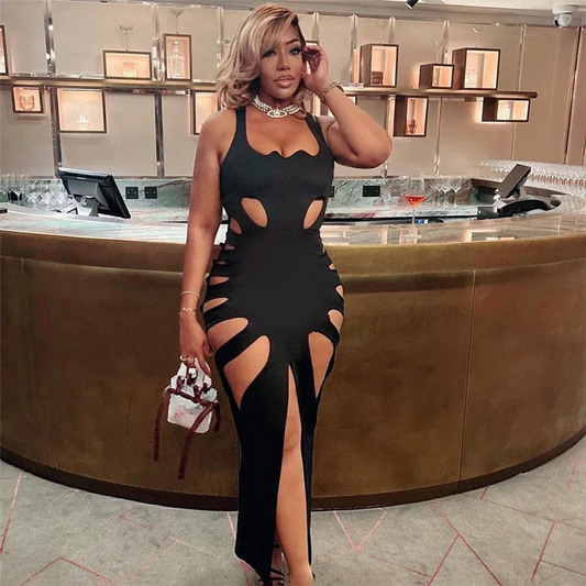 Hollow out  high waist slit long dress