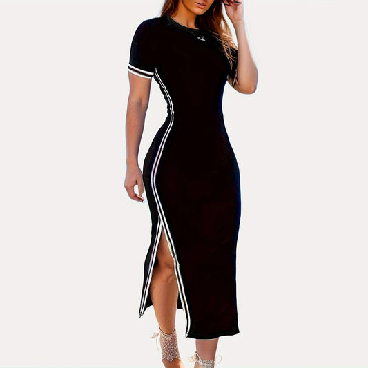 Stripe Design Short Sleeve Split Dress