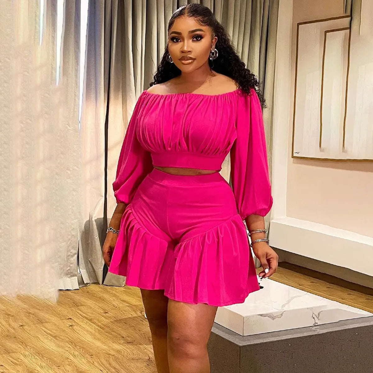 Casual Plus Size Pleated Shorts Set