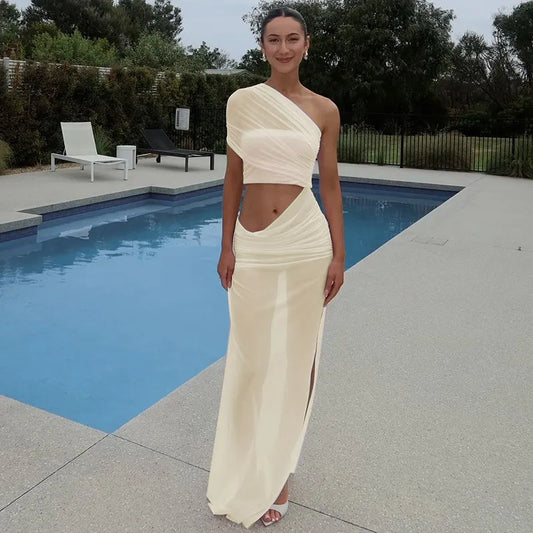 Sexy Mesh Slanted Shoulder Split Dress