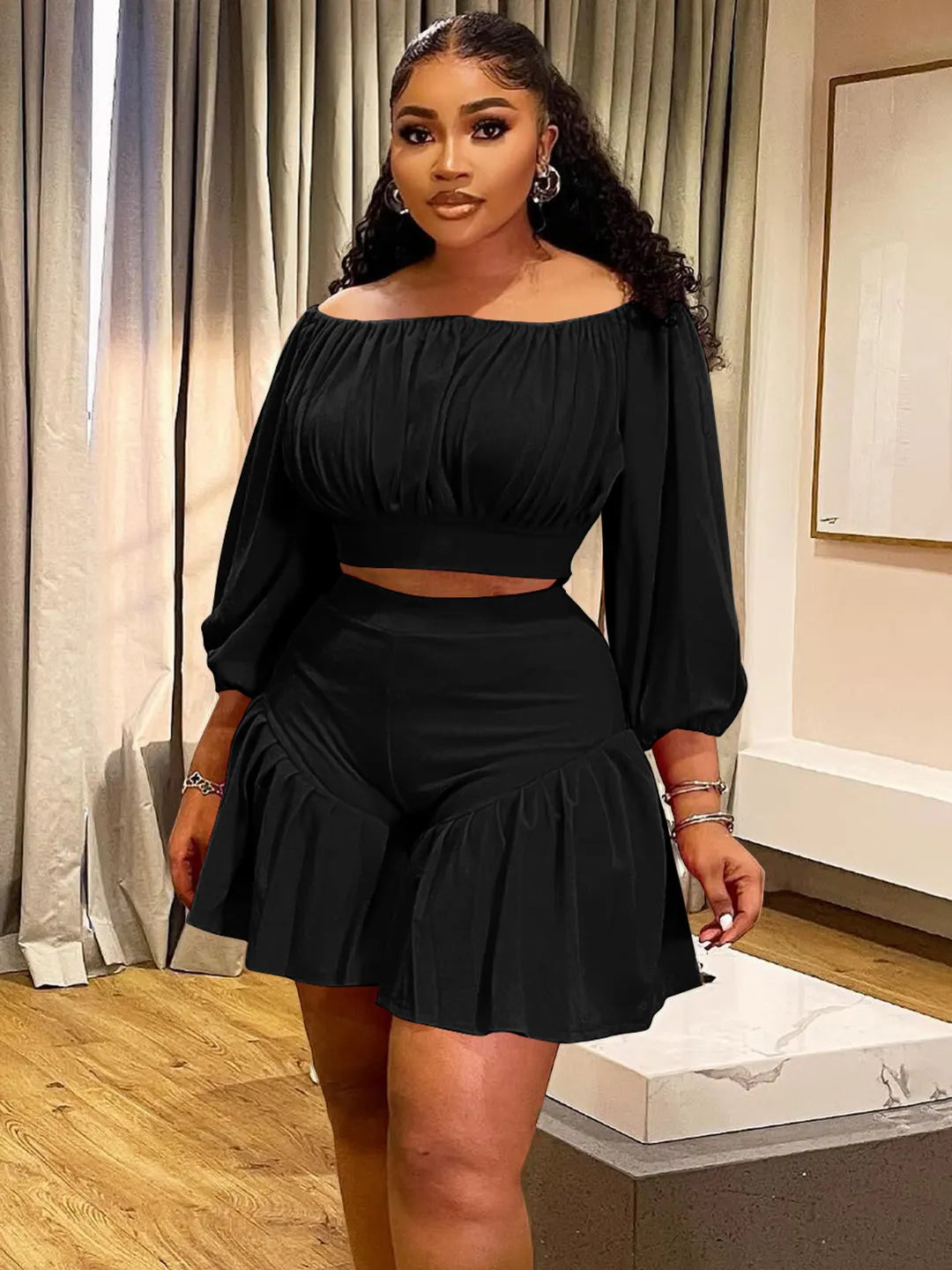 Casual Plus Size Pleated Shorts Set