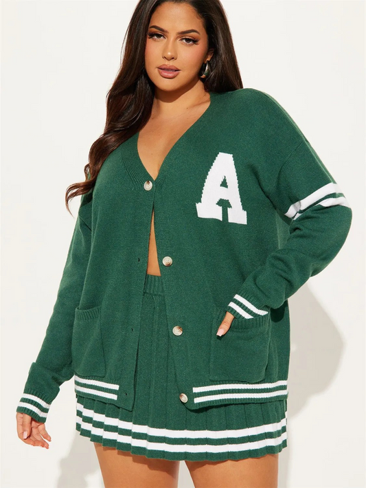 knitted long sleeved cardigan skirt set