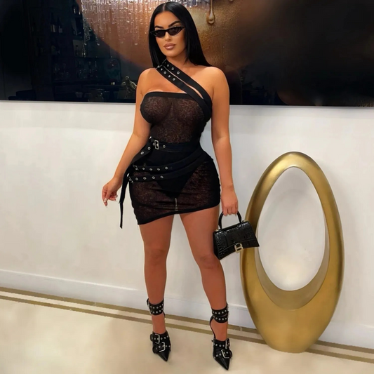 Slanted shoulder see through dress