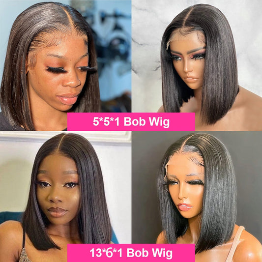 Short Straight Bob Front Lace Density 150 Human Hair Wig_0