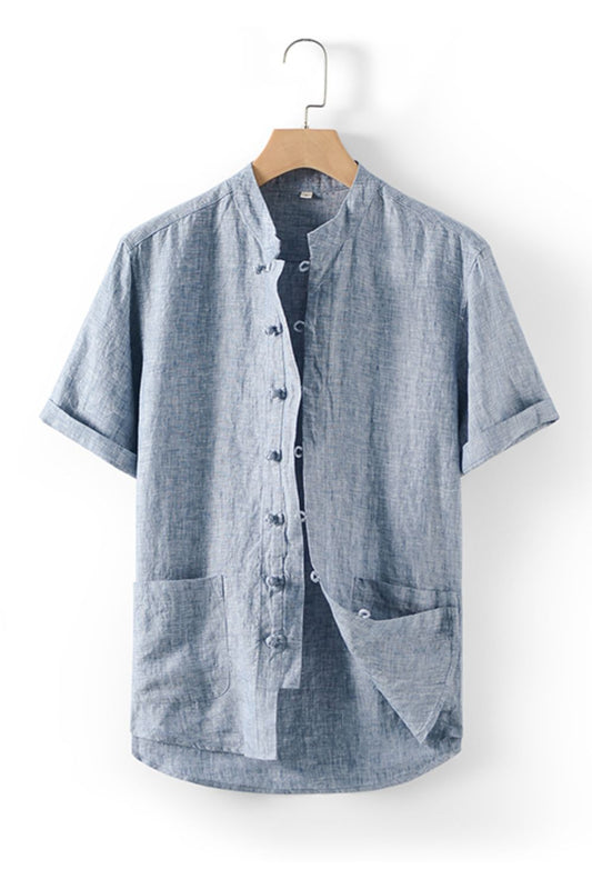 Buttoned Round Neck Short Sleeve Linen Shirt with Pockets_0