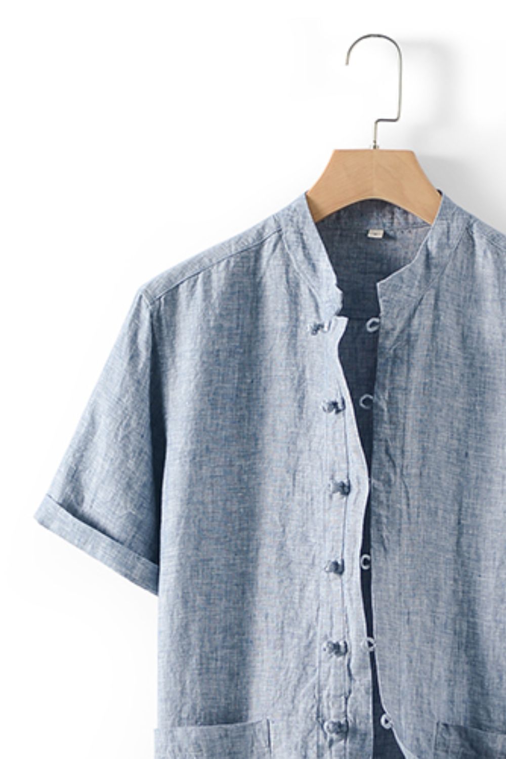 Buttoned Round Neck Short Sleeve Linen Shirt with Pockets_16