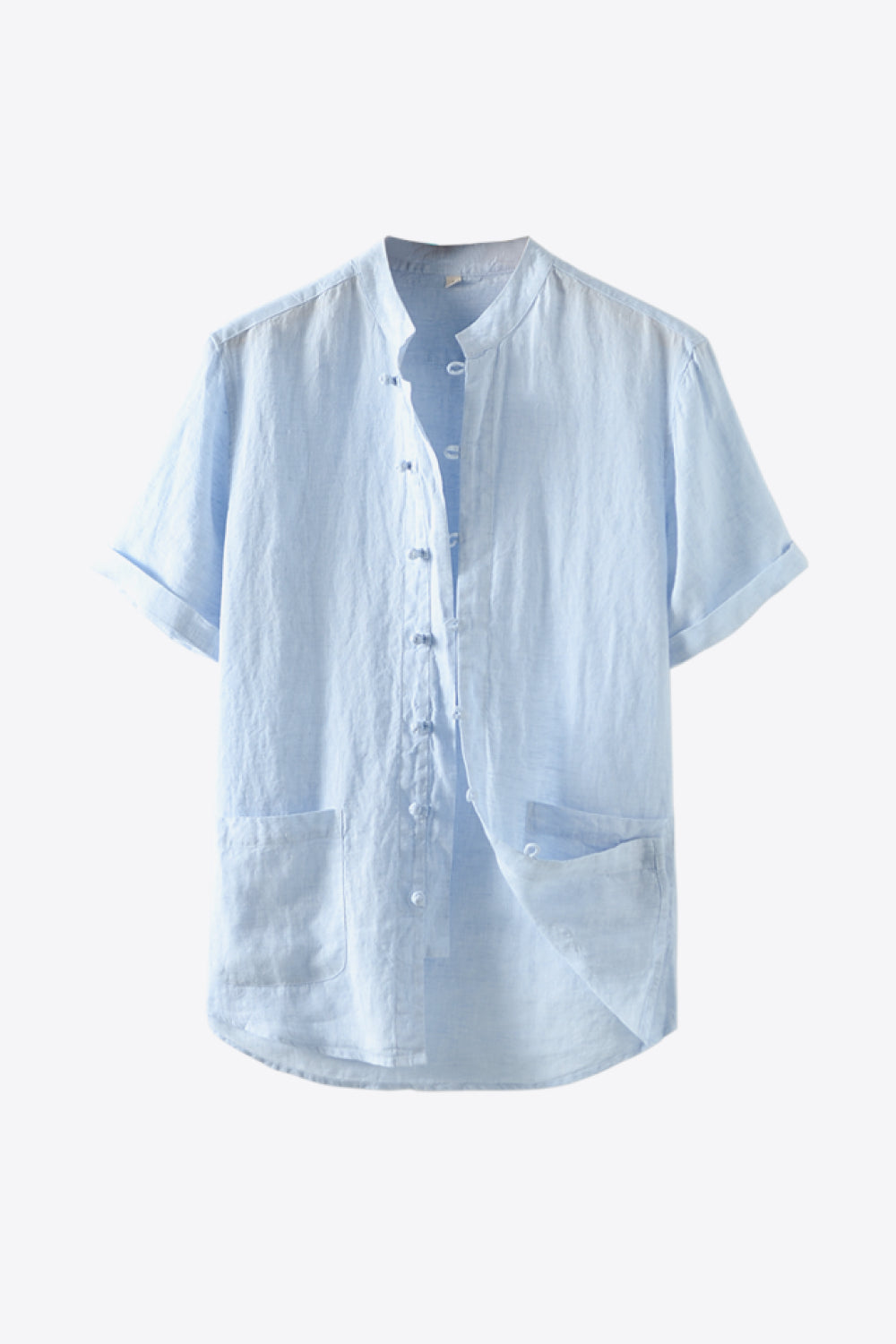 Buttoned Round Neck Short Sleeve Linen Shirt with Pockets_17