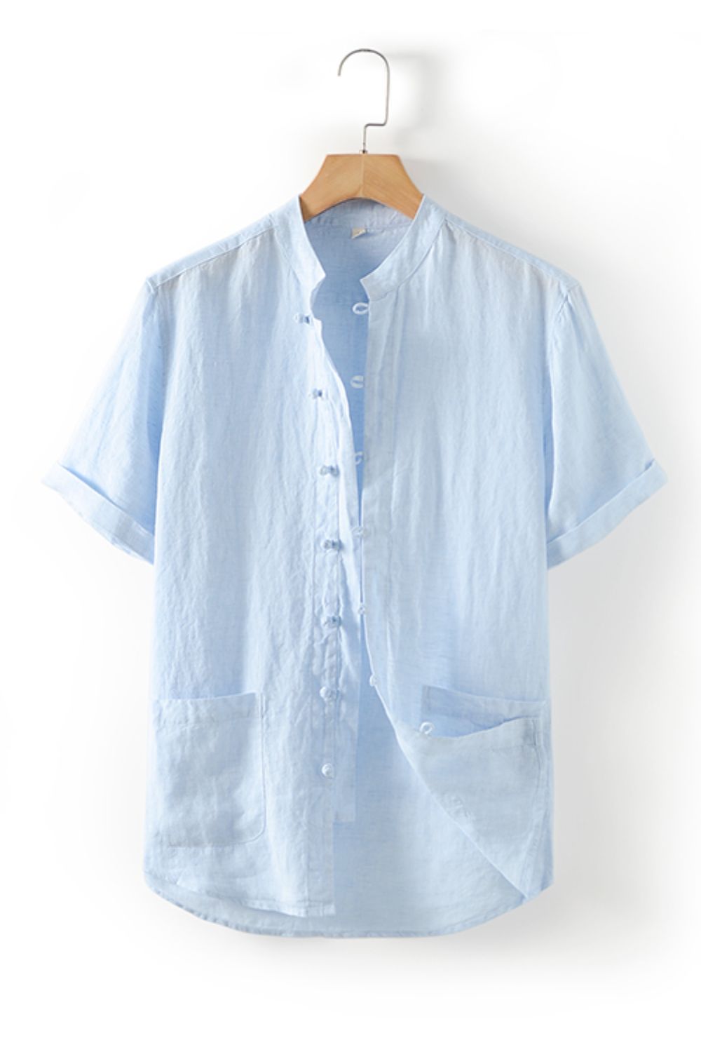 Buttoned Round Neck Short Sleeve Linen Shirt with Pockets_18