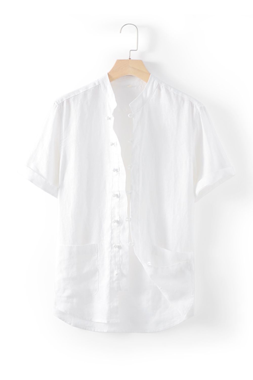 Buttoned Round Neck Short Sleeve Linen Shirt with Pockets_20
