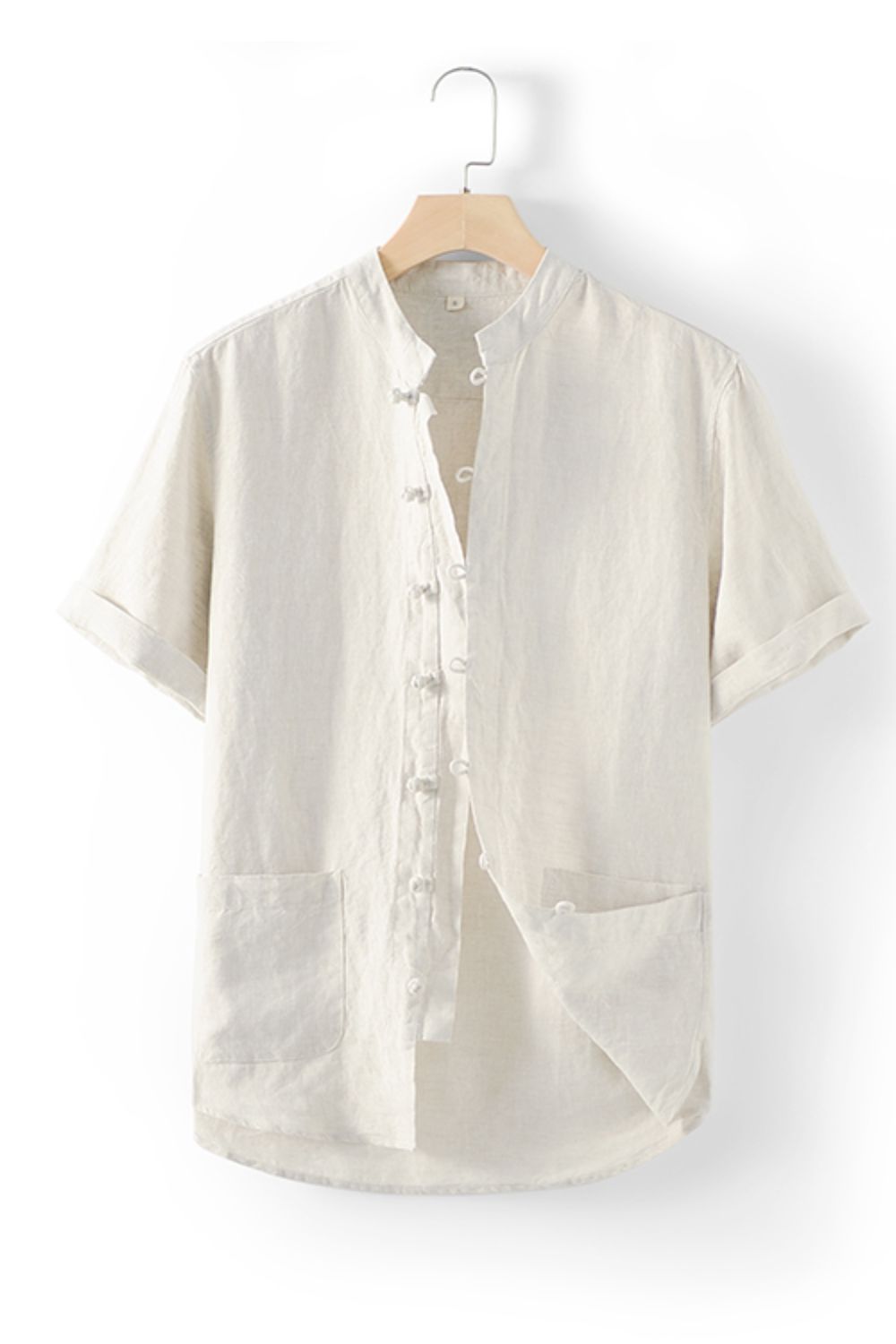 Buttoned Round Neck Short Sleeve Linen Shirt with Pockets_1