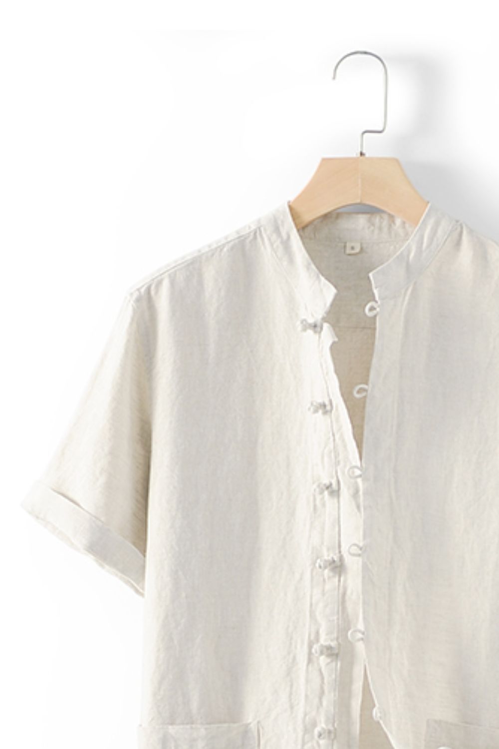Buttoned Round Neck Short Sleeve Linen Shirt with Pockets_2