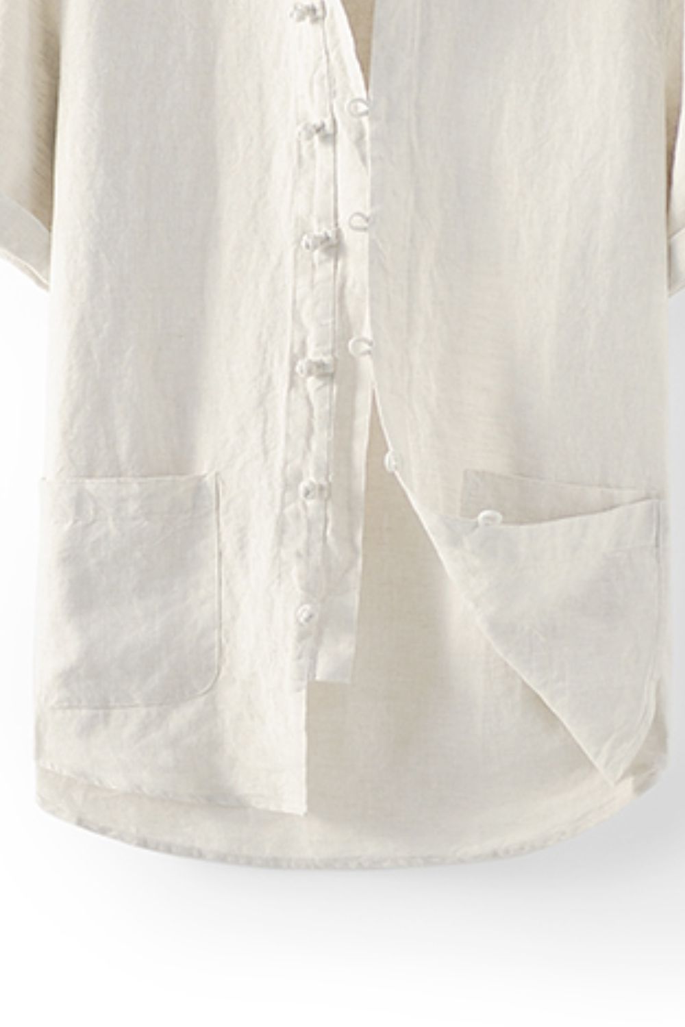 Buttoned Round Neck Short Sleeve Linen Shirt with Pockets_3