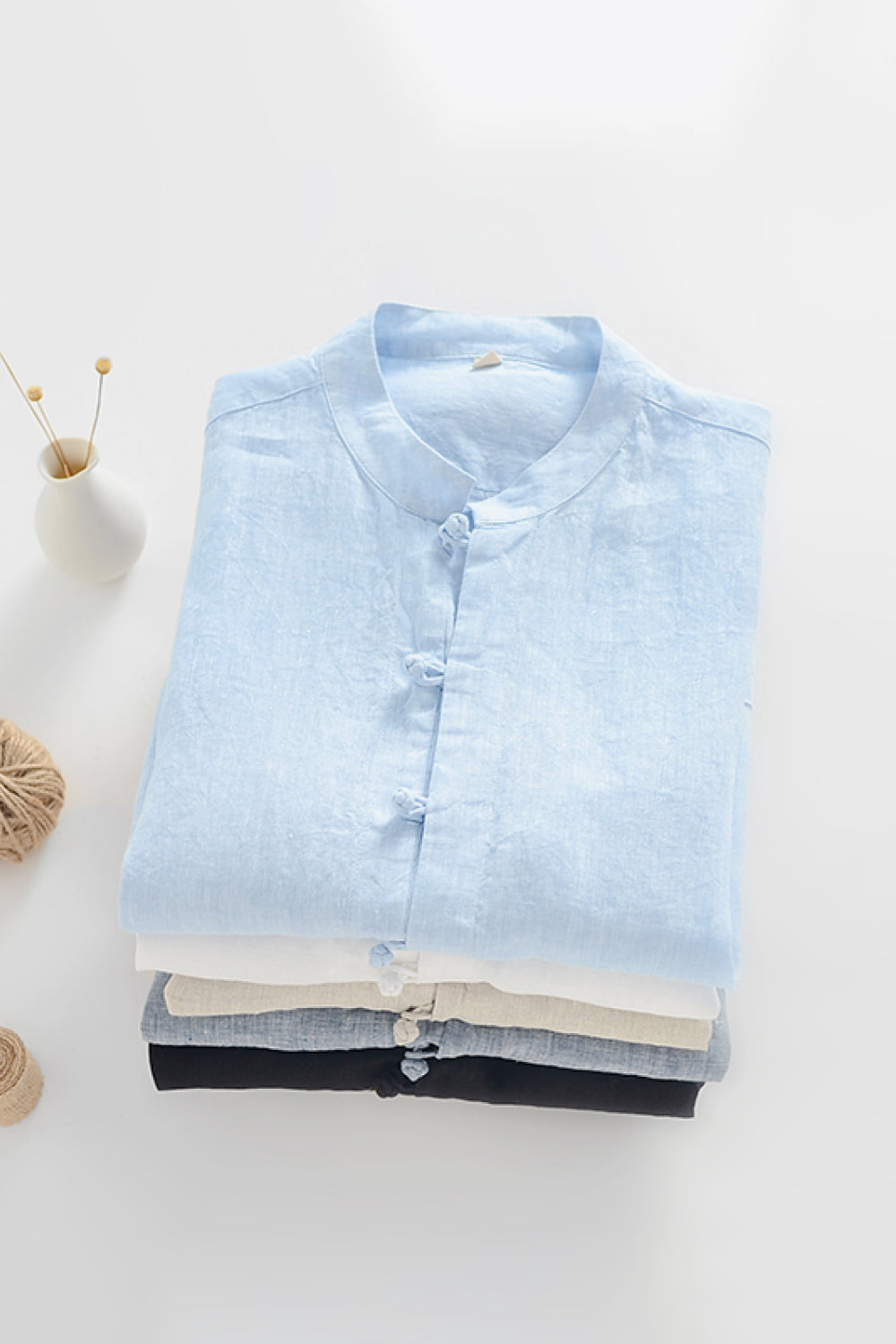 Buttoned Round Neck Short Sleeve Linen Shirt with Pockets_8