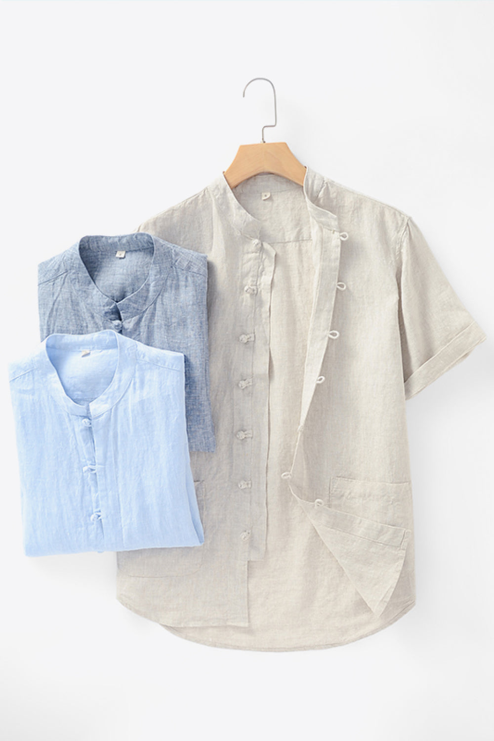 Buttoned Round Neck Short Sleeve Linen Shirt with Pockets_9