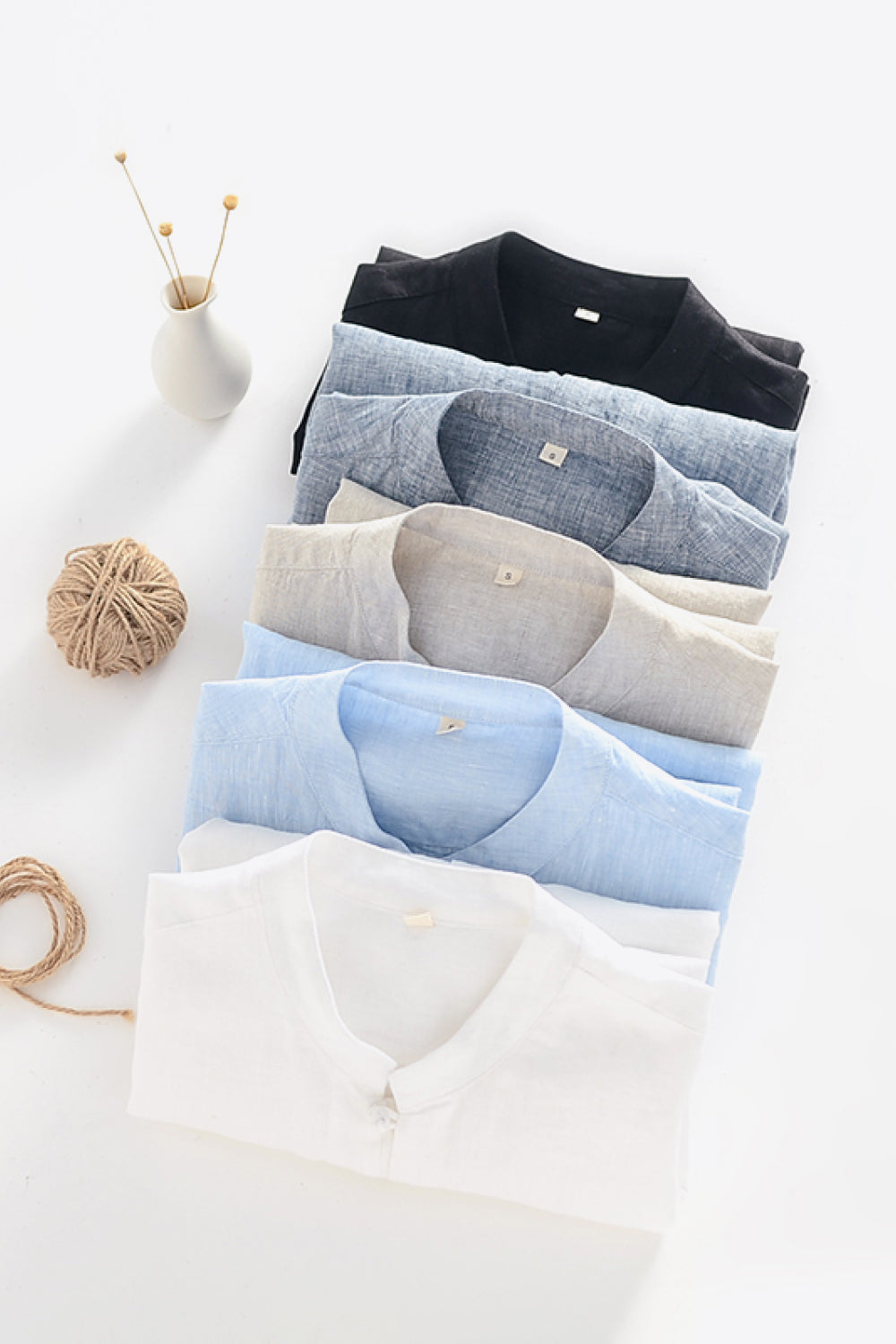 Buttoned Round Neck Short Sleeve Linen Shirt with Pockets_14